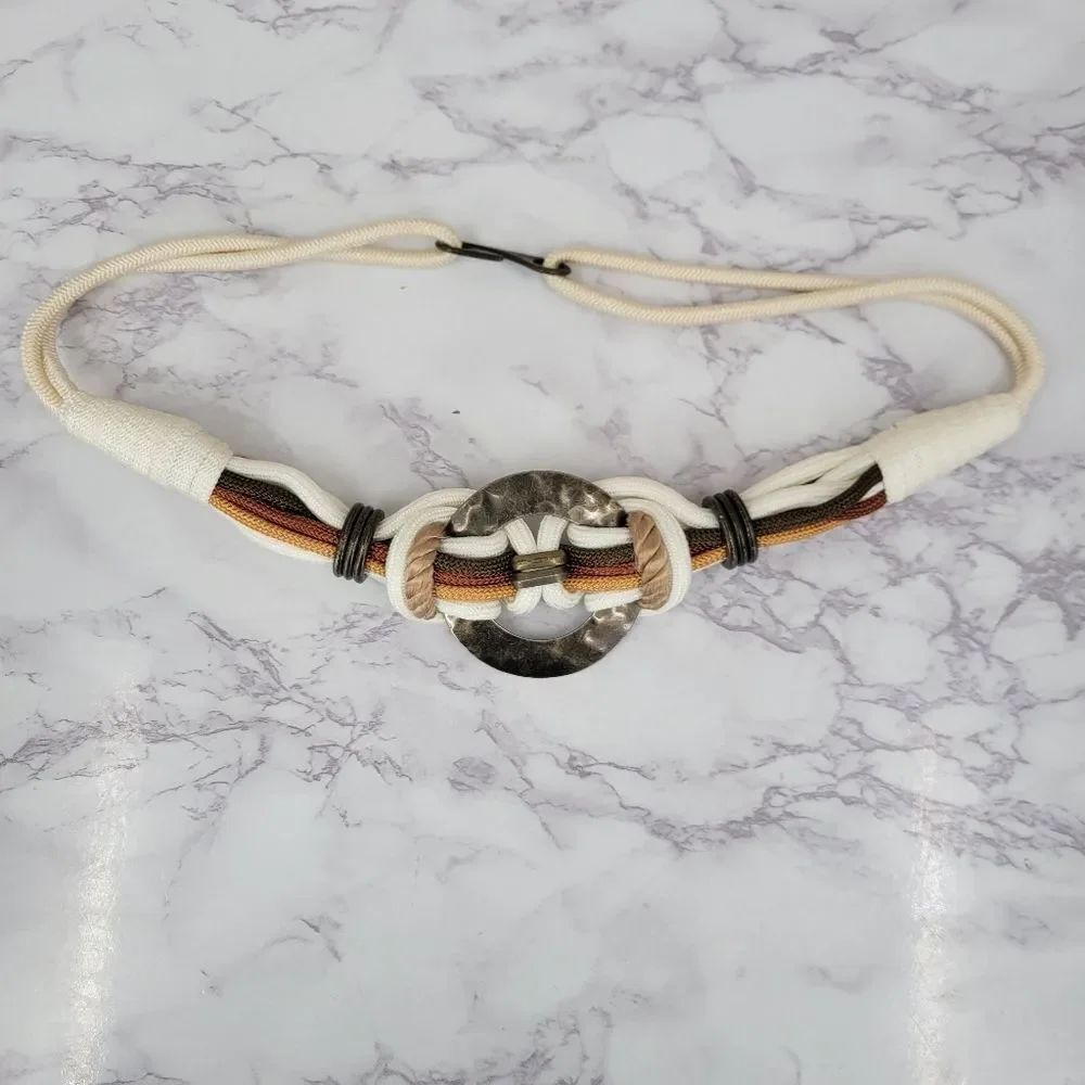 Vintage White and Brown Rope Belt with Hammered Metal Centerpiece